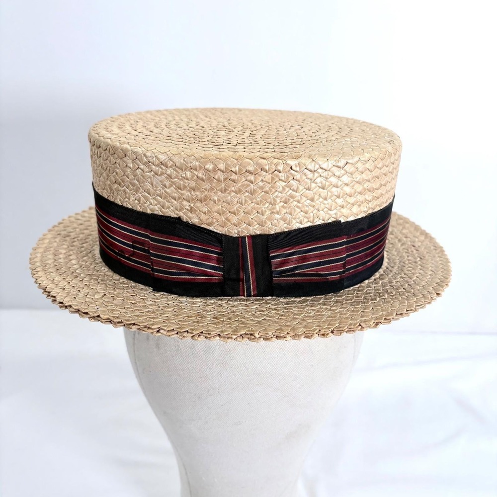 Vintage Stetson Straw Boater Hat Silk Ribbon Band Sz 7 Edwardian Style